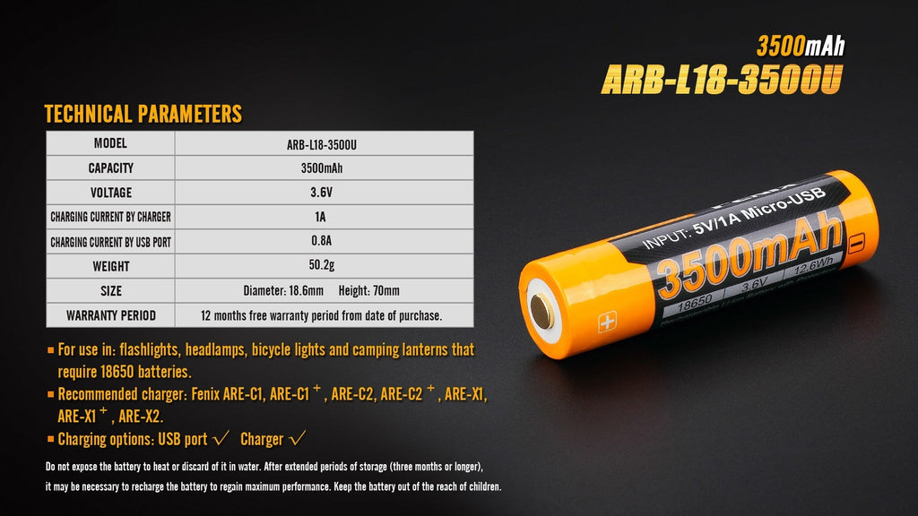 Bateria Fenix 18650 de 3500 mAh ARB-L18-3500U